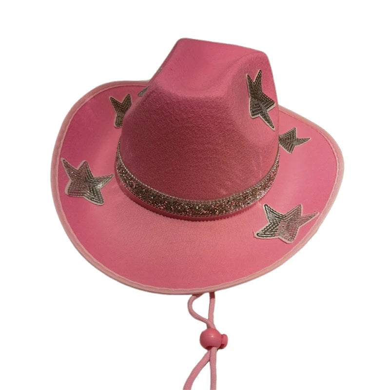 Women Glitter Cowboy Hat with Sequin Stars and Wide Brim Stylish Western Beach Hat for Wedding Carnival Rave Party and