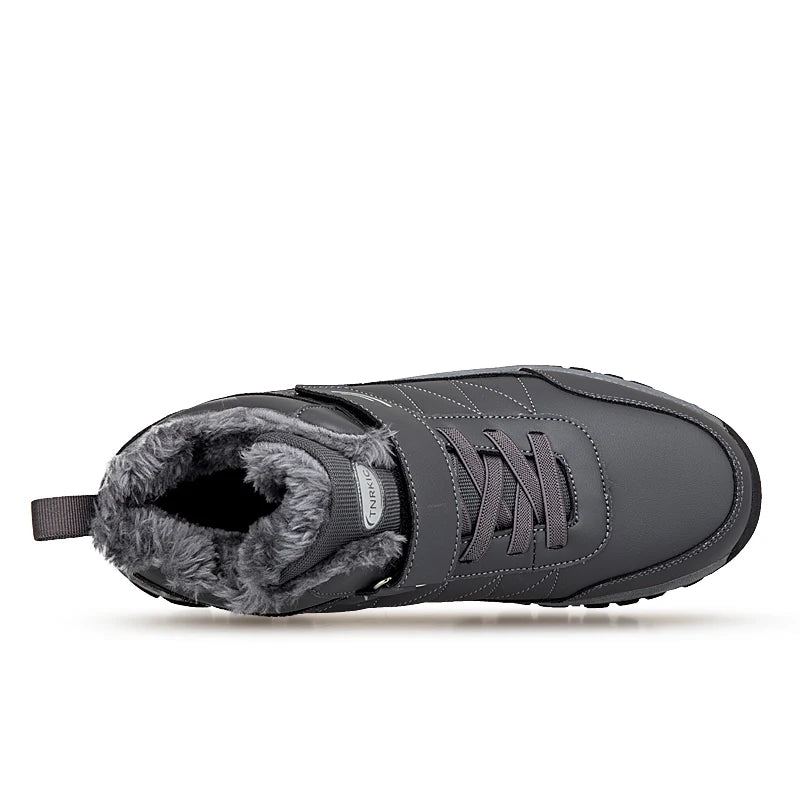 Winter Men Boots Leather Waterproof Outdoor Non-slip Hiking Shoes Unisex Men Women Warm Plush Ankle Boot Big Size 47 48