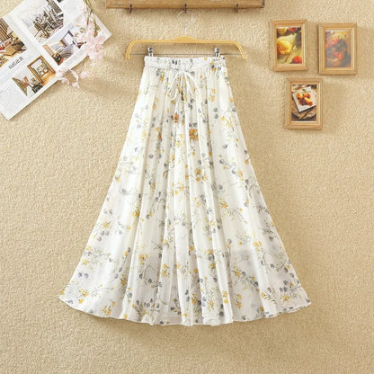 Elegant Chiffon Long Skirts For Women Autumn Casual Women's Floral Print Maxi Skirt Female High Waist Elastic A-Line Skirts