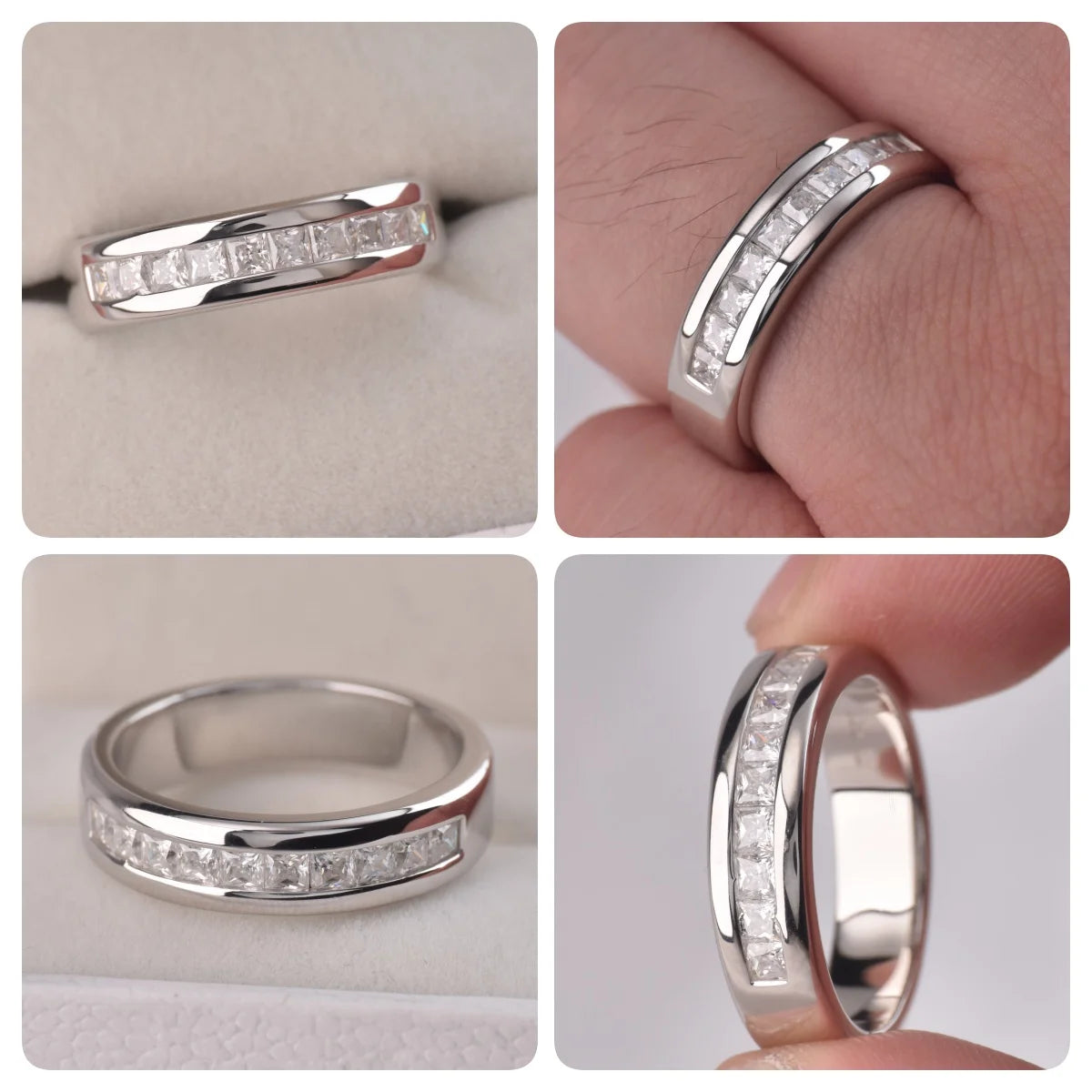 Newshe 925 Silver Certified Moissanite Mens Wedding Band Half Eternity Princess Cut Lab Created Diamond Ring Luxury Jewelry