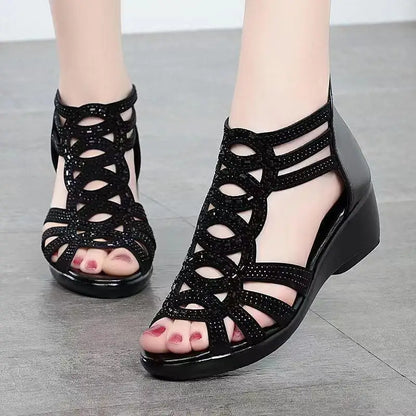 Real Soft Leather Roman Sandals Women's Chunky Heel Mom Shoes Fashion Outerwear Women's Sandals Wedge Women's Shoes 2023