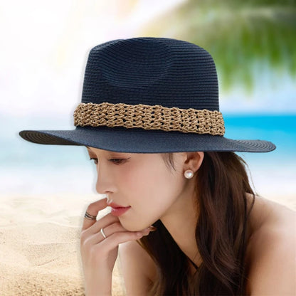 Women Wide Brim Sun Hat with Bowknot Ribbon Summer Beach Straw Hat Foldable Floppy Fedora Hat for Vacation Travel Party Clothes