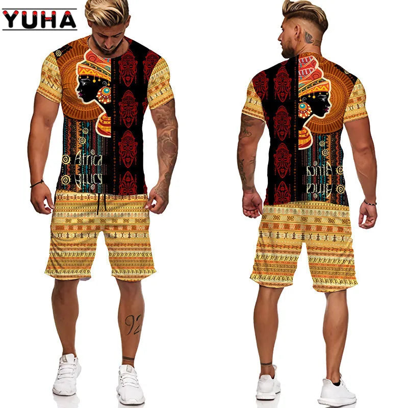 YUHA,3D Printed Men T-shirt Shorts Set 2pc Hip Hop Style Short Sleeve O-neck Summer African Folk-custom Pattern Men's Clothing S
