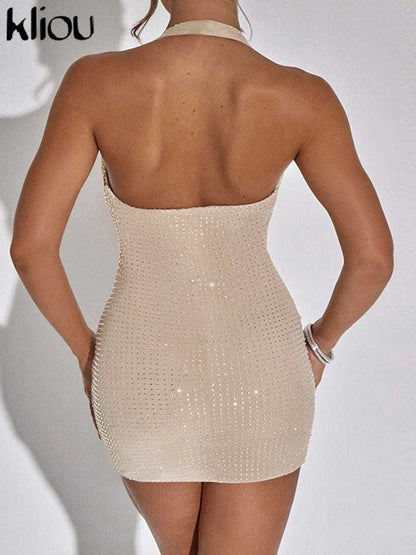 kliou Rhinestones Women Mini Dresses Fashion Halter Stunning Swinging Neck Backless Classic Slim Vestidos Girls Party Clubwear