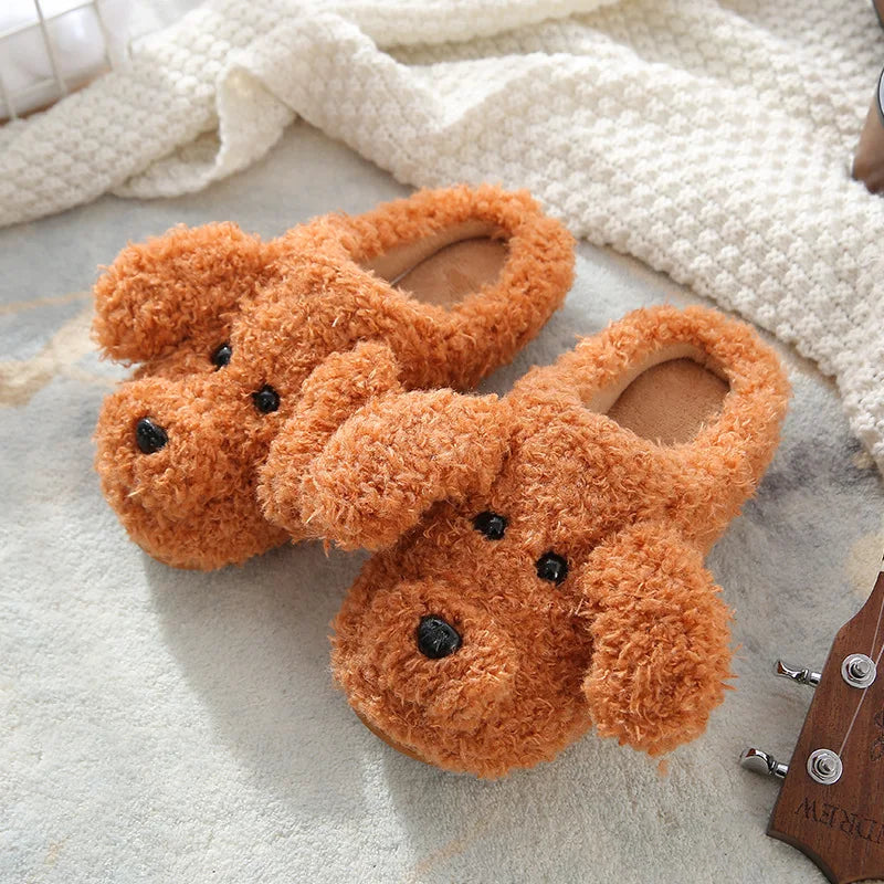 Gacimy Winter Warm Cotton Slippers For Women Comfortable Cute Dog Furry Shoes Couple Indoor Soft Platform Bedroom Plush Slippers