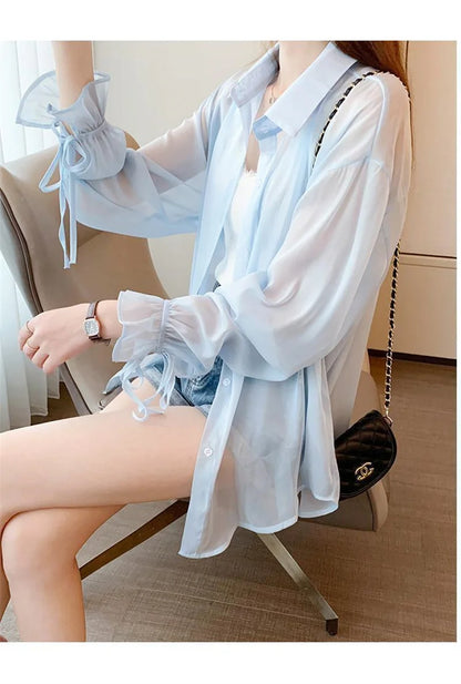 Chiffon Women Thin Shirts Summer Perspective Solid Korean Sun Shirt Long Sleeve Fashion Korean Ladies Top New Sunscreen Clothing