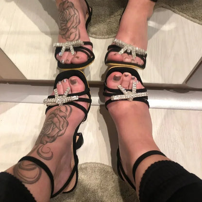 Ultra-high Heel Women's Sandals Fashion Square Toe Design High-heeled Sandal Luxury Rhinestone Bow High-heeled Sandals for Women