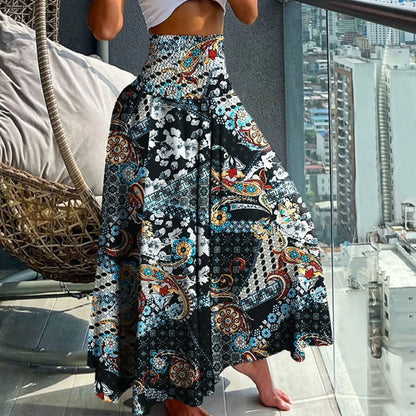 Women Vintage Floral Print Boho Skirt 2024 Summer Casual Loose Pleated Long Skirt Elegant Female High Elastic Waist Maxi Skirts
