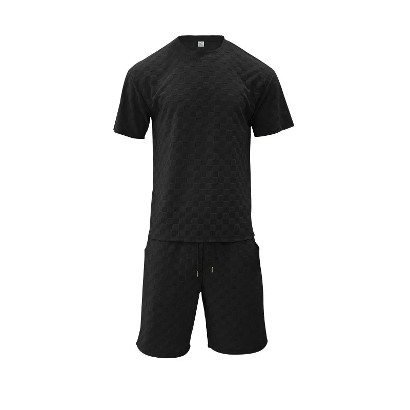 Men's Summer Checkered Loose Two-piece Sports Leisure Suit Short Sleeve T-shirt Shorts Casual Suit Plus Size Fashion Men's Suit