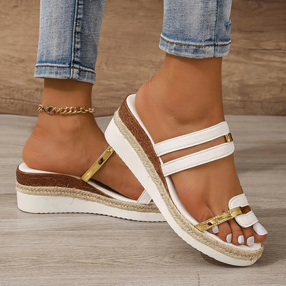Summer Casual Color Blocking Sandals For Women Fashion Solid Comfortable Soft Leather Thick Soled Slope Woven Straw Sandals