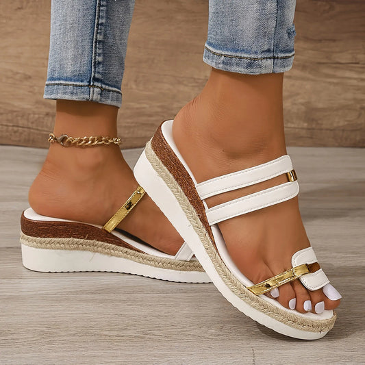 Summer Casual Color Blocking Sandals For Women Fashion Solid Comfortable Soft Leather Thick Soled Slope Woven Straw Sandals