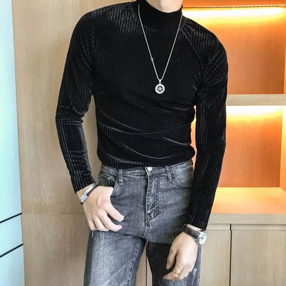 Fashion Men's Autumn Winter Luxury Clothing Heat Keep Warm Casual T-Shirt Mock Neck Tops Stripe Long Sleeve Gold Velvet T-Shirts