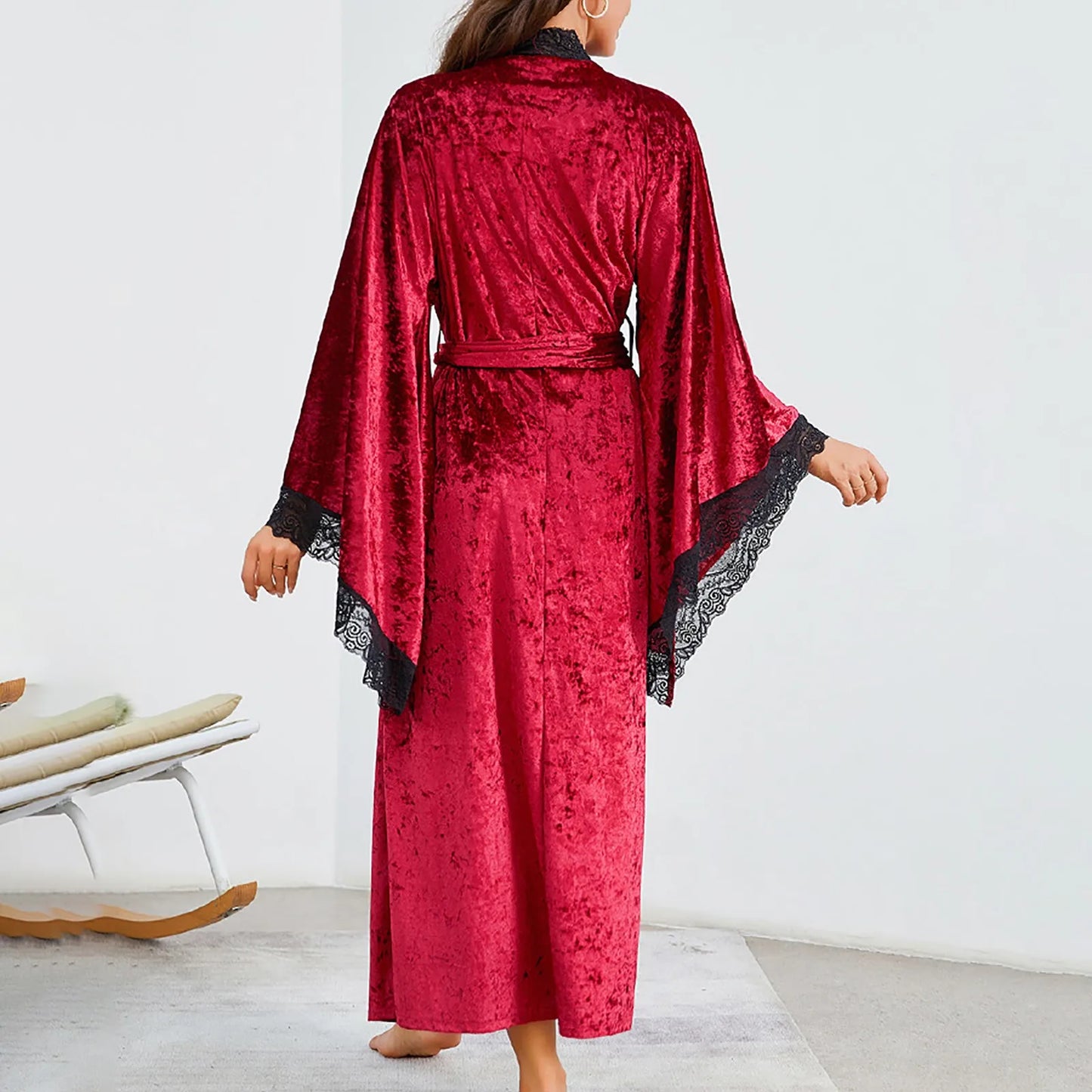 Women's Lace Velvet Bathrobe Breathable Nightgown Kimono Home Clothes Flare Sleeve Night Long Robe Female Sleepwear Homewear