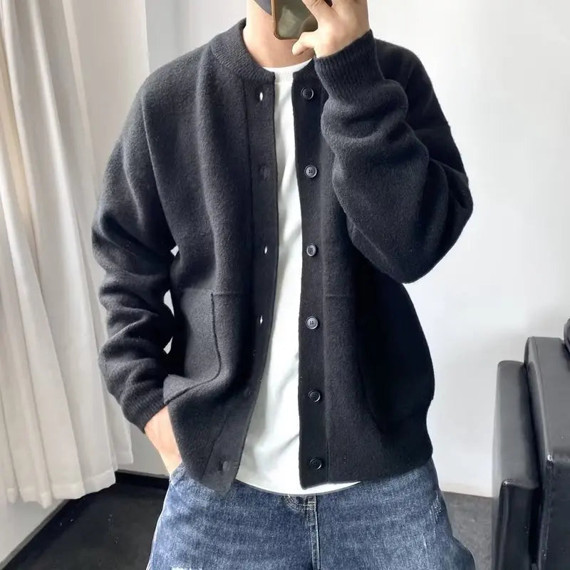 Knitted Cardigan Men Single Breasted Sweaters Long Sleeve O Neck Jumpers Solid Button Loose Fit Casual 2025 Winter Outerwear