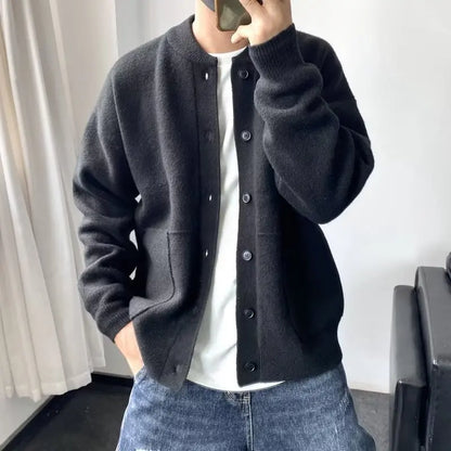 Knitted Cardigan Men Single Breasted Sweaters Long Sleeve O Neck Jumpers Solid Button Loose Fit Casual 2025 Winter Outerwear