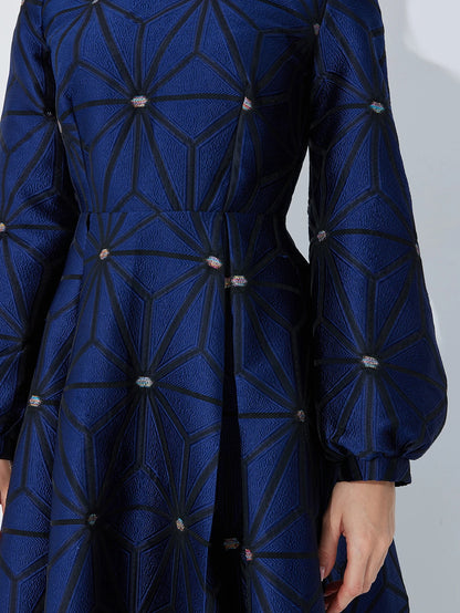 Navy Geometric Jacquard Dress with Puff Sleeves Fitted Waist and Flared Hem — Light Luxury Banquet or Wedding Gown