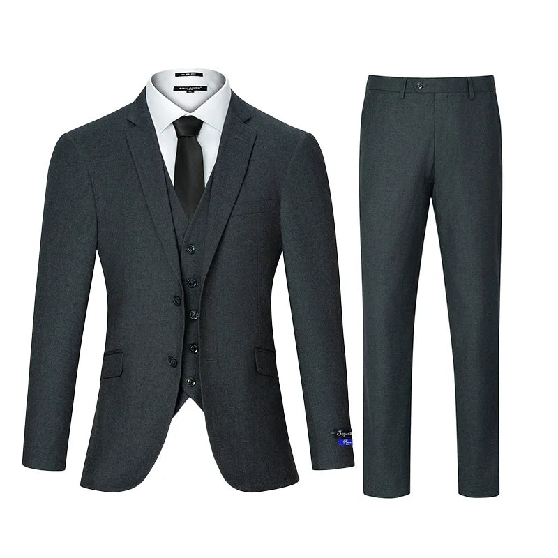 3pcs Men's Classic Solid Color Suit Set Long Sleeve Blazer with Button Details Non-Stretch Fabric Regular Fit for All Seasons