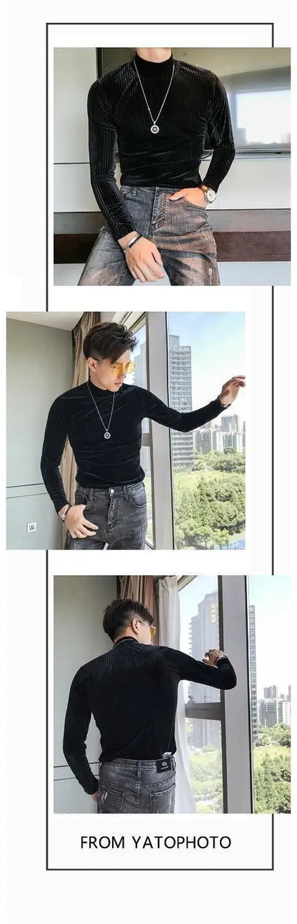Fashion Men's Autumn Winter Luxury Clothing Heat Keep Warm Casual T-Shirt Mock Neck Tops Stripe Long Sleeve Gold Velvet T-Shirts