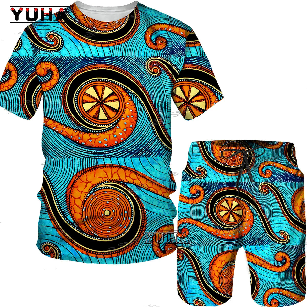 YUHA,3D Printed Men T-shirt Shorts Set 2pc Hip Hop Style Short Sleeve O-neck Summer African Folk-custom Pattern Men's Clothing S