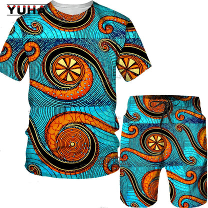 YUHA,3D Printed Men T-shirt Shorts Set 2pc Hip Hop Style Short Sleeve O-neck Summer African Folk-custom Pattern Men's Clothing S