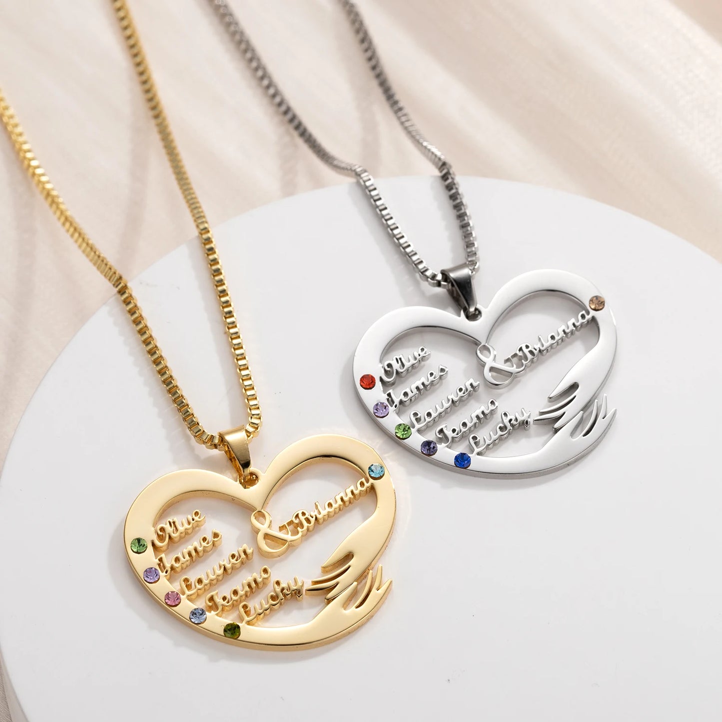 Qitian Custom Name Necklace With Birthstones Family Jewelry Personalized Heart Mother And Child Pendant Mother's Day Gift Chain