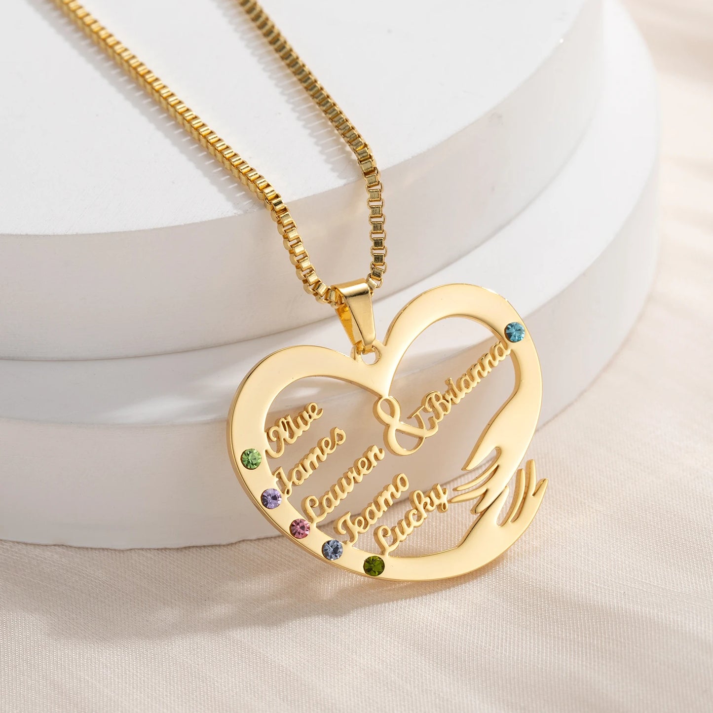 Qitian Custom Name Necklace With Birthstones Family Jewelry Personalized Heart Mother And Child Pendant Mother's Day Gift Chain