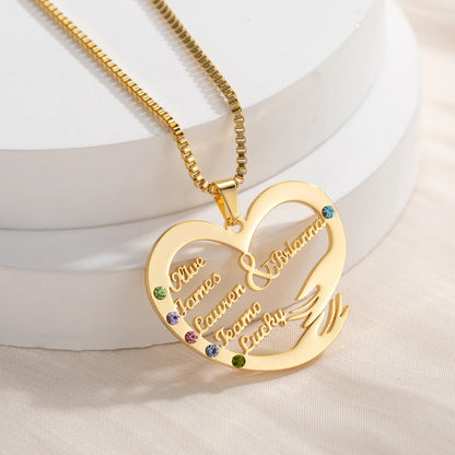Qitian Custom Name Necklace With Birthstones Family Jewelry Personalized Heart Mother And Child Pendant Mother's Day Gift Chain