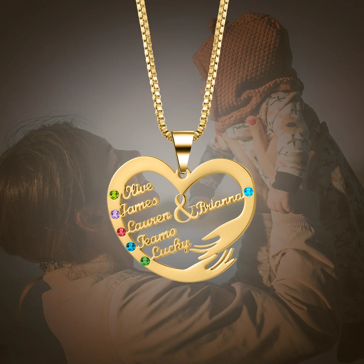 Qitian Custom Name Necklace With Birthstones Family Jewelry Personalized Heart Mother And Child Pendant Mother's Day Gift Chain