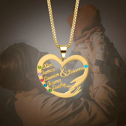 Qitian Custom Name Necklace With Birthstones Family Jewelry Personalized Heart Mother And Child Pendant Mother's Day Gift Chain