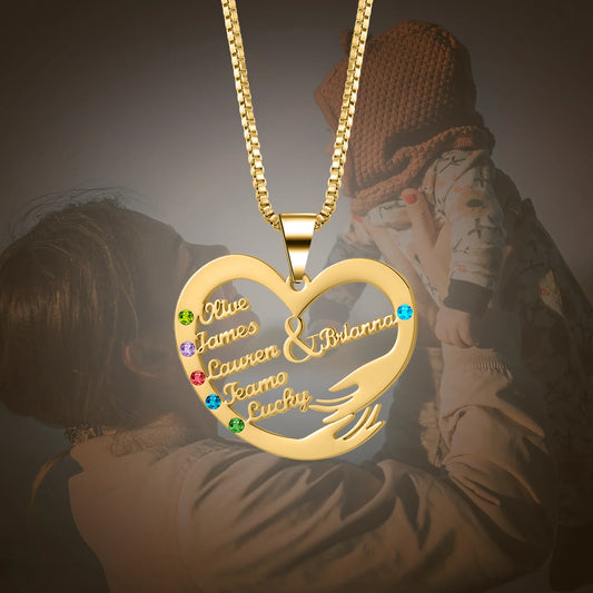 Qitian Custom Name Necklace With Birthstones Family Jewelry Personalized Heart Mother And Child Pendant Mother's Day Gift Chain